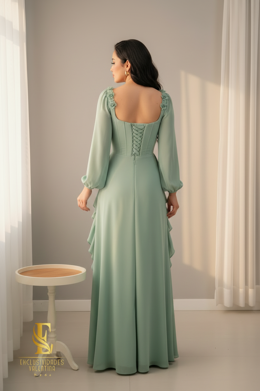 Vestido Verde Salvia Corset Cuello Cuadrado Flores D cod.00167