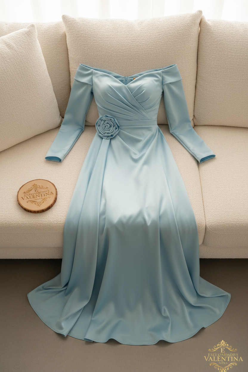 Vestido Azul Cielo Off-Shoulder Manga Larga Rosa D3 cod.919