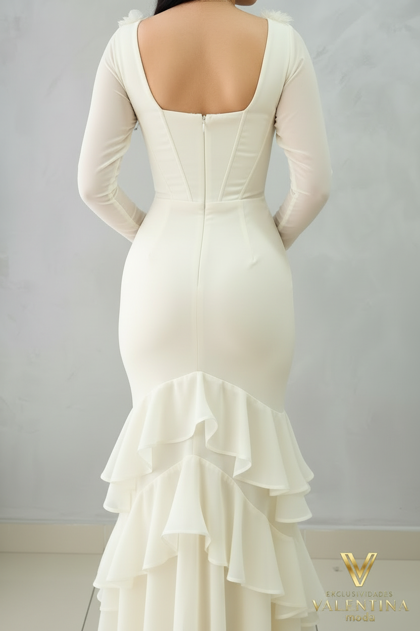 Vestido Blanco Marfil Manga Larga Corset con Volantes en Cascada cod.V537