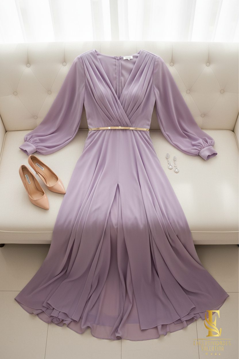 Vestido Lila Lavanda Largo Manga Globo Escote V con Cinturón Lazo Dorado cod.V299