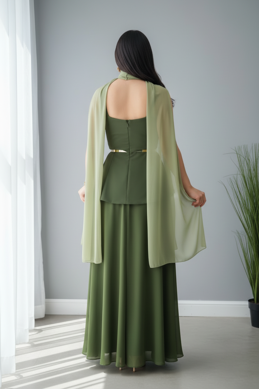 Conjunto Verde Olivo con Capa y Flores D cod.635