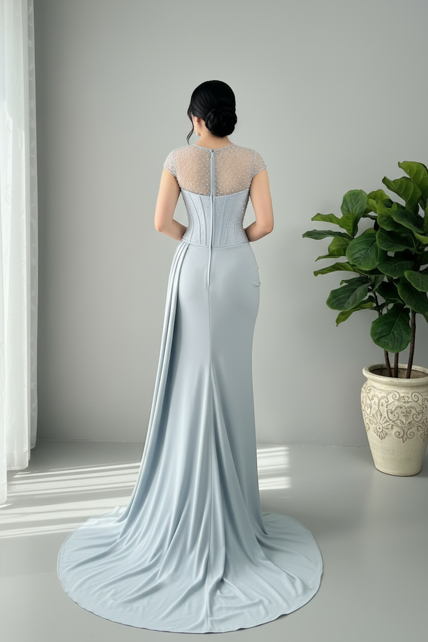 Vestido Azul Cielo Corset con Perlas Rosa 3D y Cola Lateral cod.810