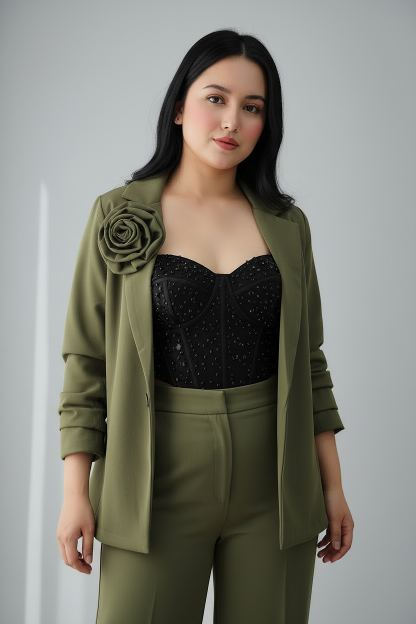 Conjunto 3 Piezas Verde Militar Blazer Rosa 3D Corset Negro y Palazzo cod.740