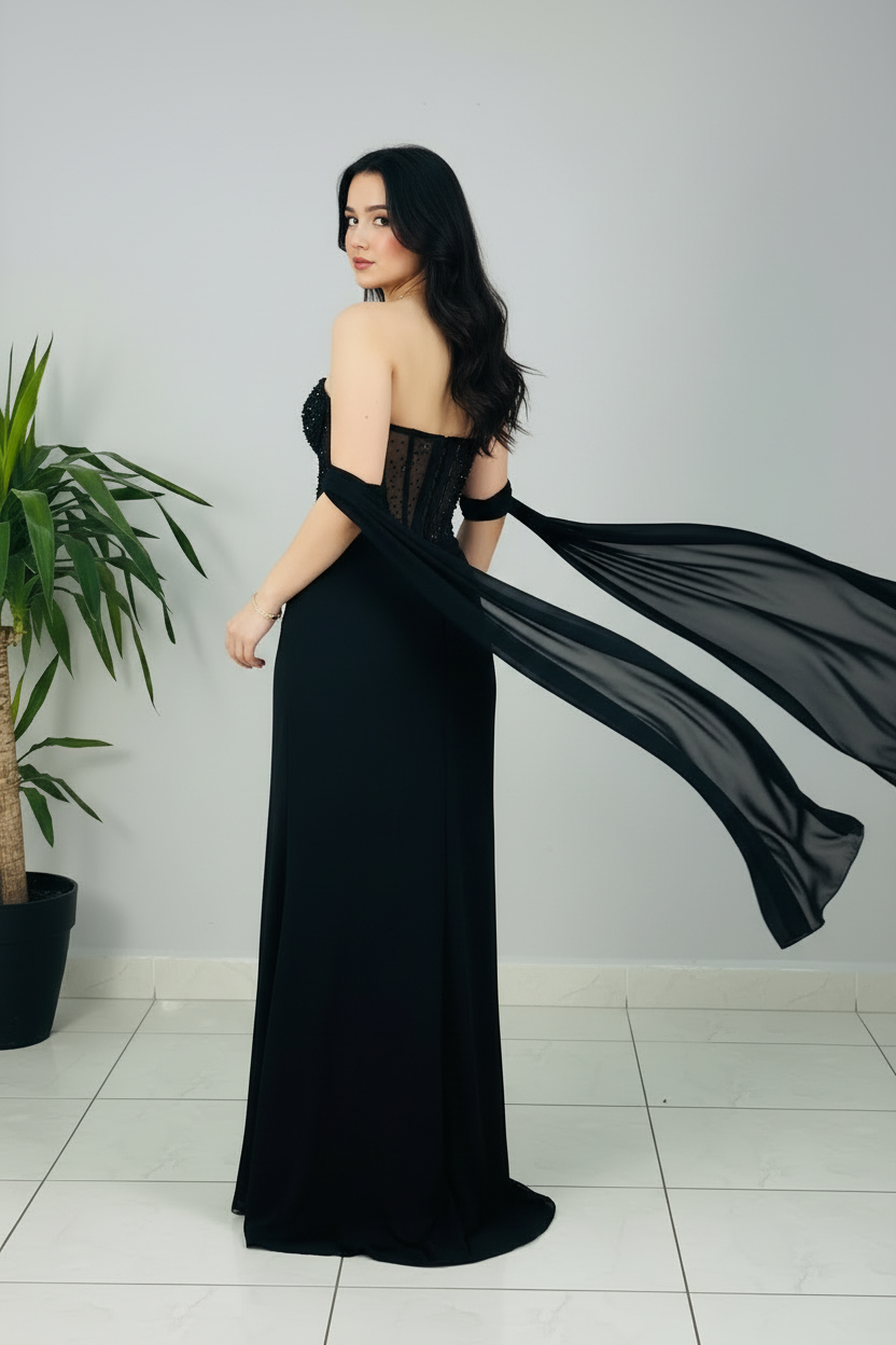 Vestido Formal Negro Strapless Corset Transparente con Pedrería y Capa Drapeada cod.528