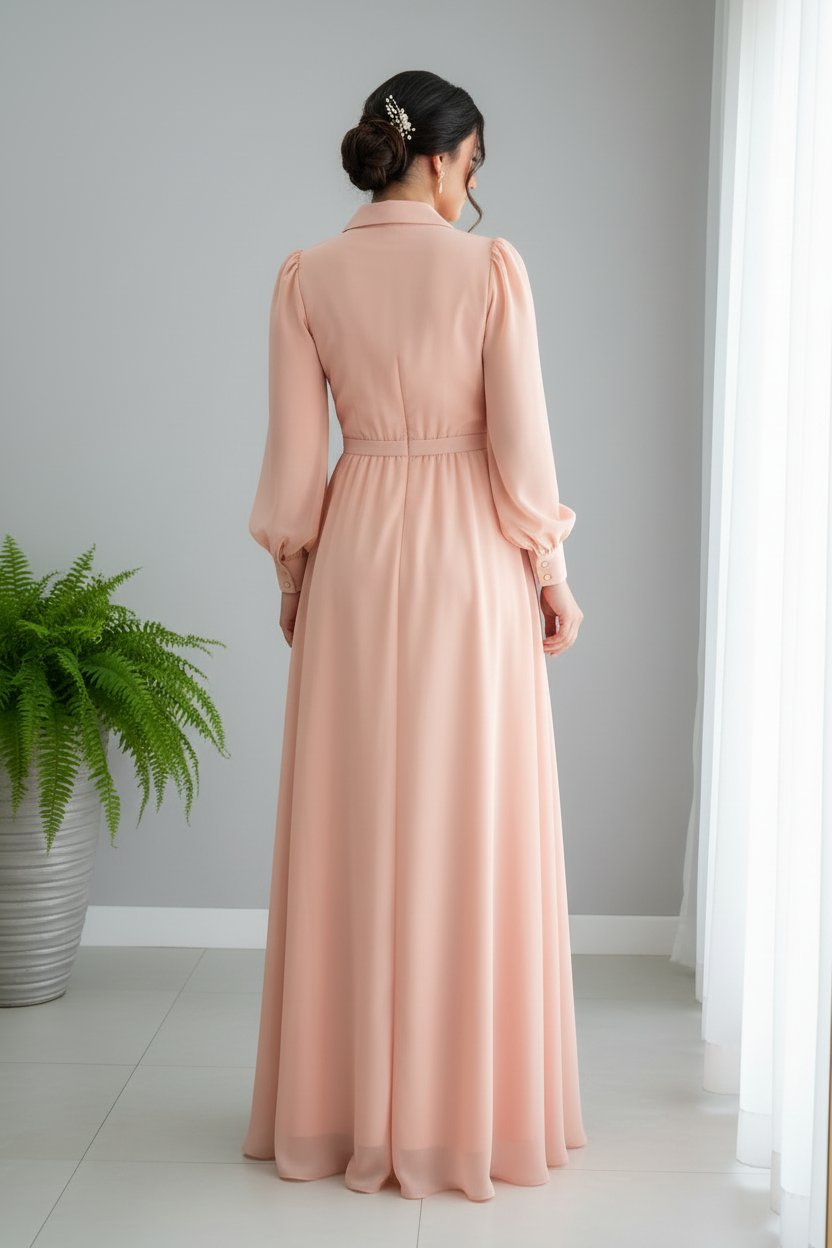Vestido Peach Rosa Salmon Manga Abullonada Cuello Camisero Cintura Fruncida A-Line cod.829