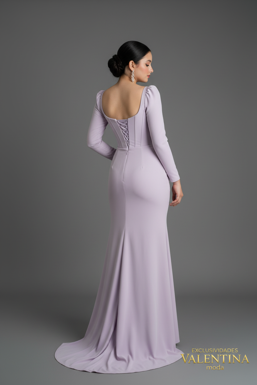 Vestido Lila Manga Larga con Corset y Abertura Frontal cod.V530