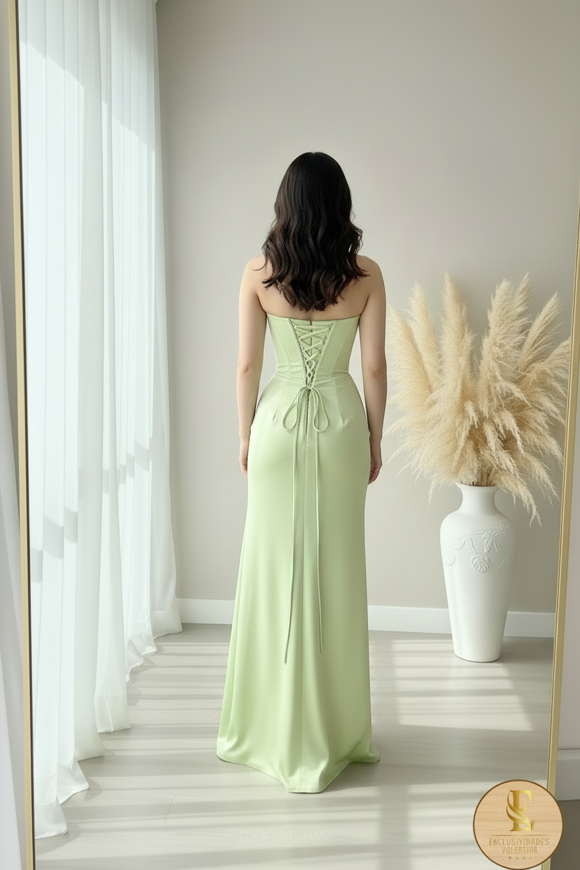 Vestido Verde Menta Strapless Corsé Drapeado Abertura cod.00101