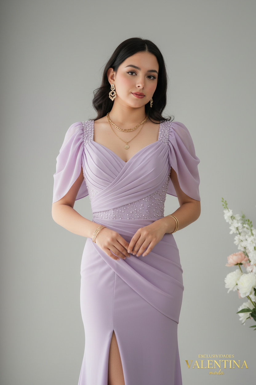 Vestido Lila Sirena con Escote V y Abertura Frontal cod.V507