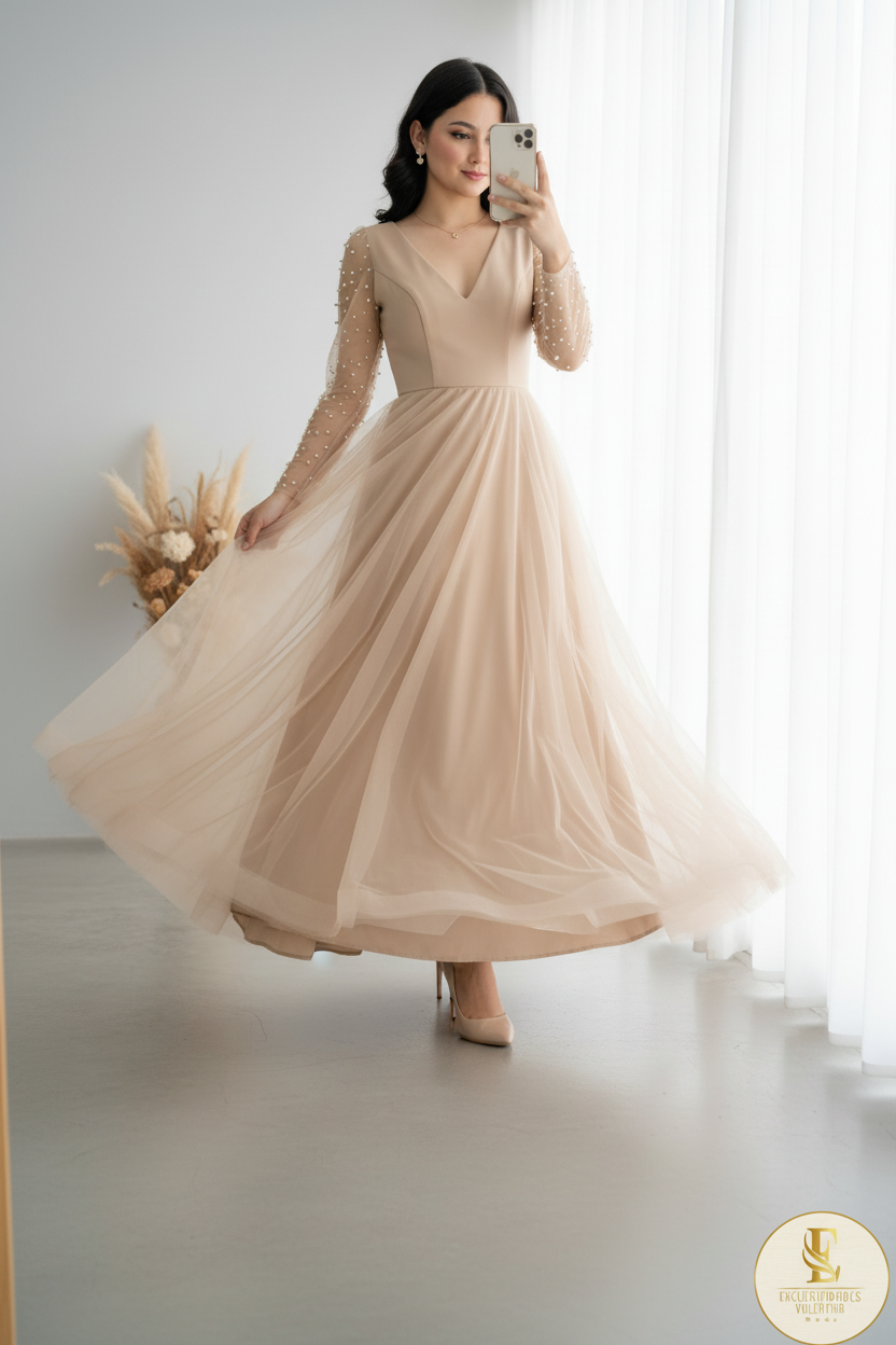 Vestido Champagne Escote V Manga Tul Perlas cod.V393