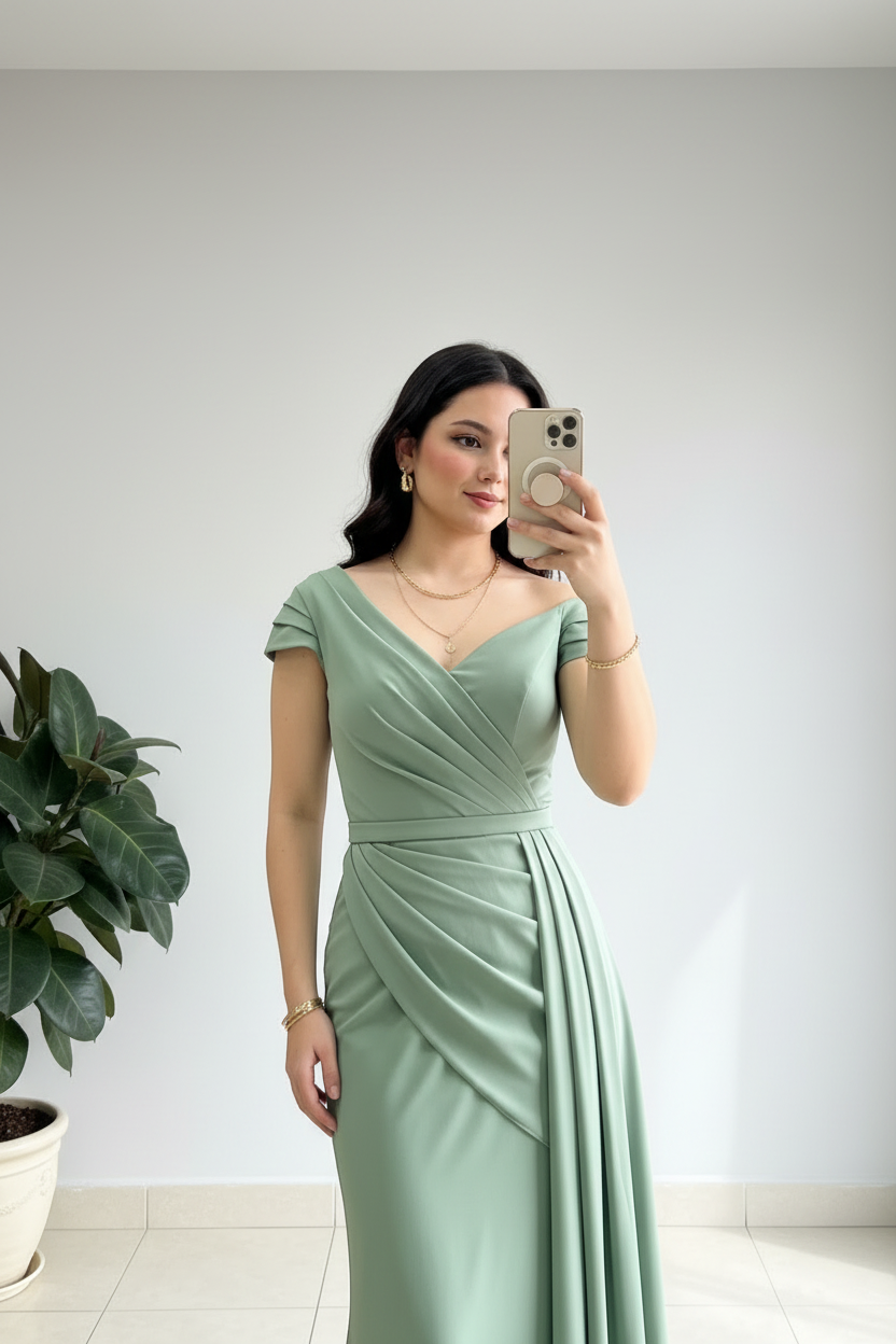 Vestido Formal Verde Salvia Off-Shoulder con Drapeado y Cola cod.517