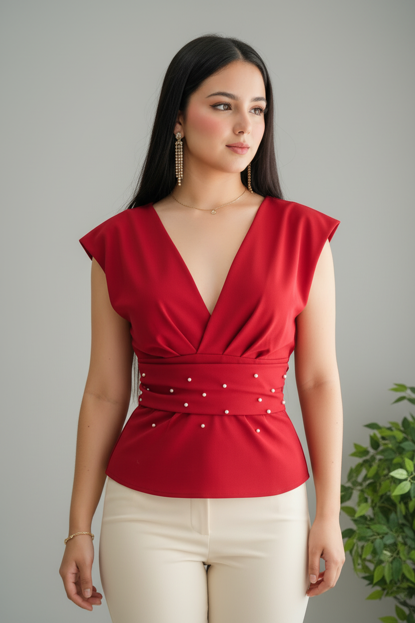 Conjunto Dos Piezas B.Roja Peplum con Perlas y P. Recto Crema cod.C614