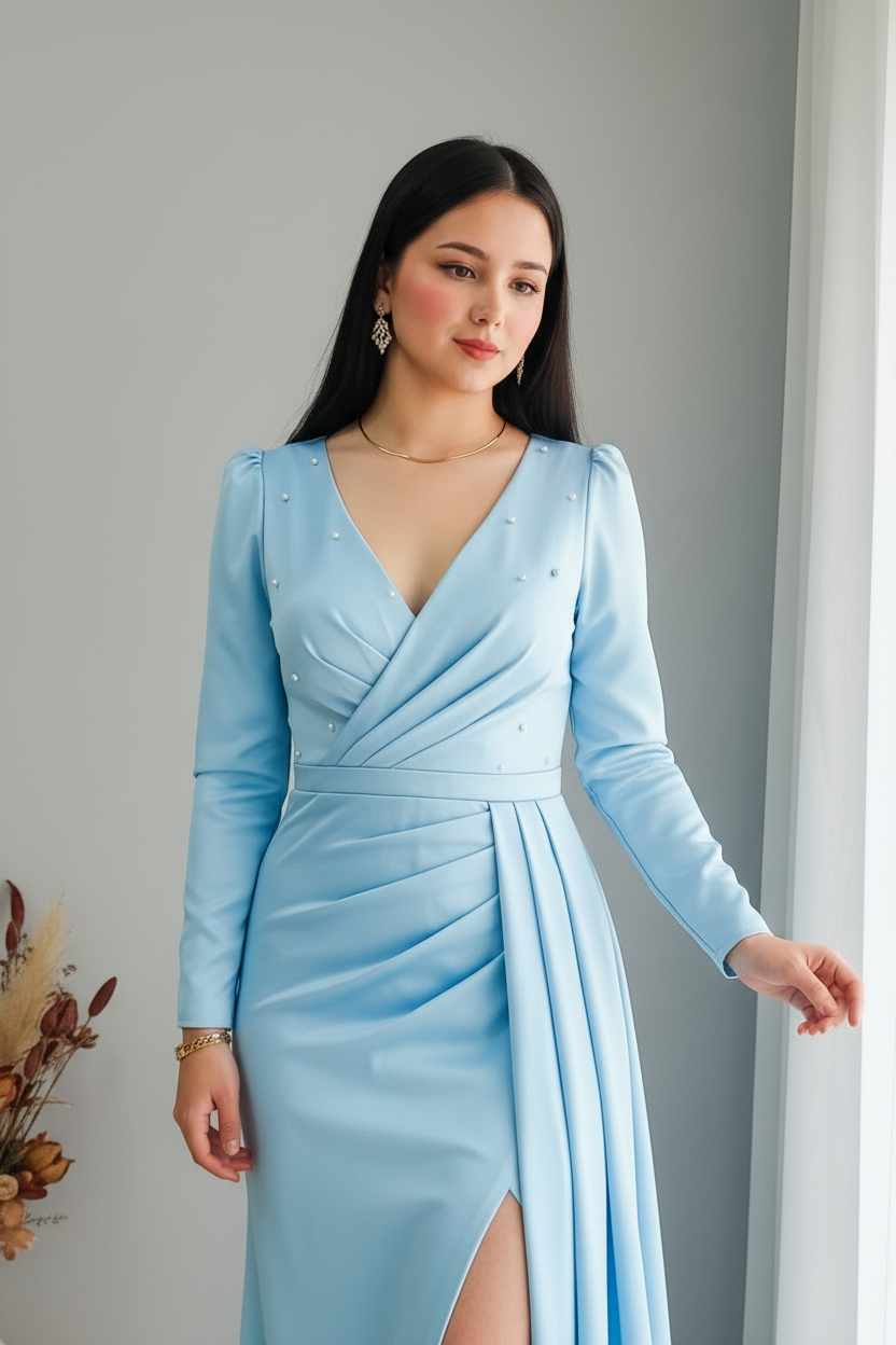 Vestido Azul Cielo con Perlas V356