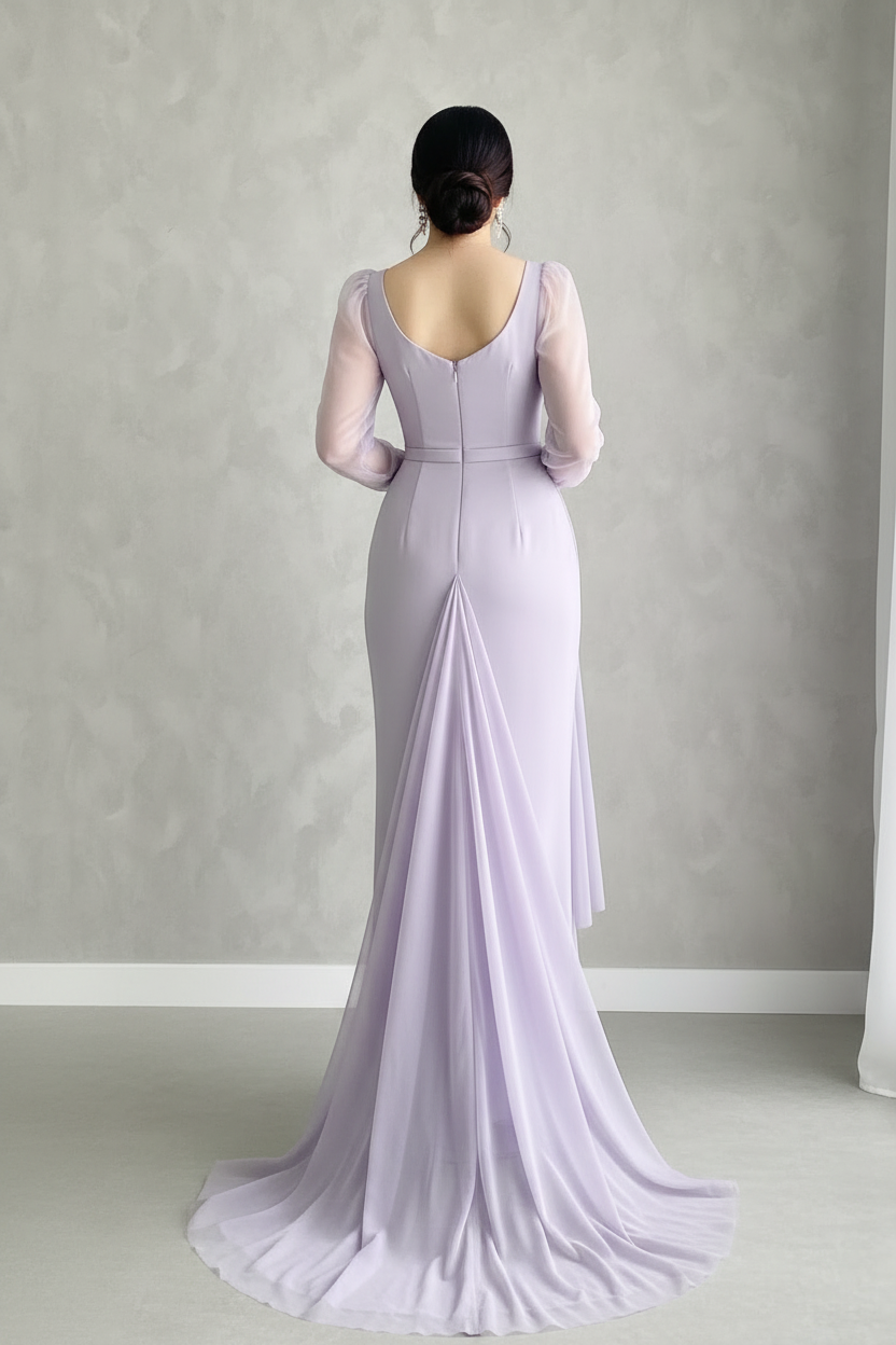 Vestido Lila Lavanda — Escote V Cruzado, Manga Tul & Drapeado en Cascada cod.885
