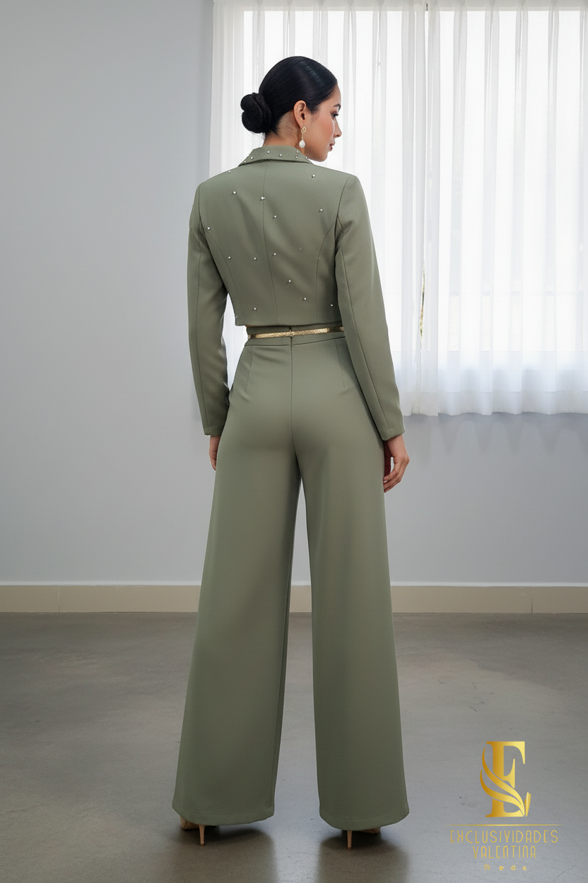 Conjunto Blazer Crop Verde Salvia con Perlas y Palazzo cod.C352