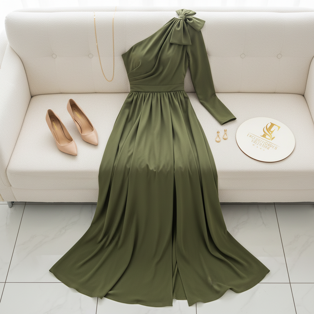 Vestido Verde Olivo Un Hombro cod.599