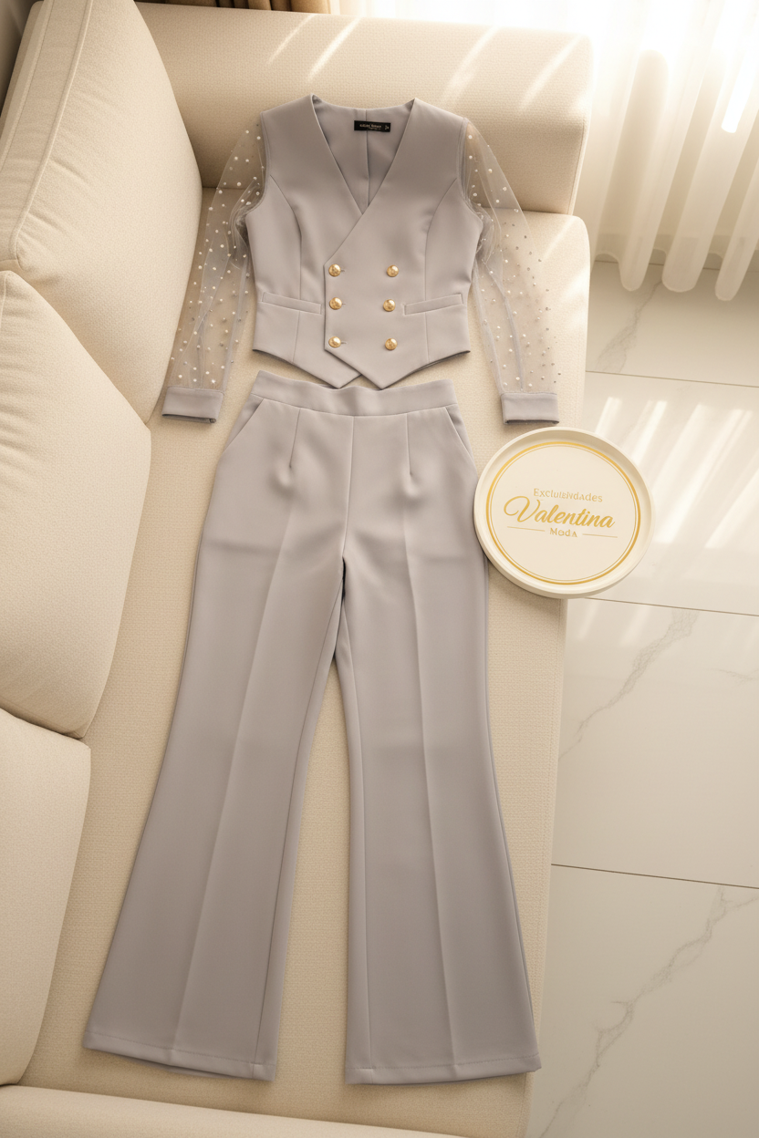 Conjunto Gris Perla Chaleco Doble Botonadura con Mangas Tul de Perlas cod.662