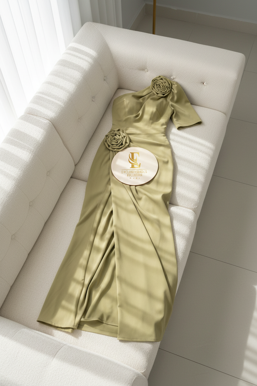 Vestido Satinado Un Hombro Verde Sage con Rosas cod.0056