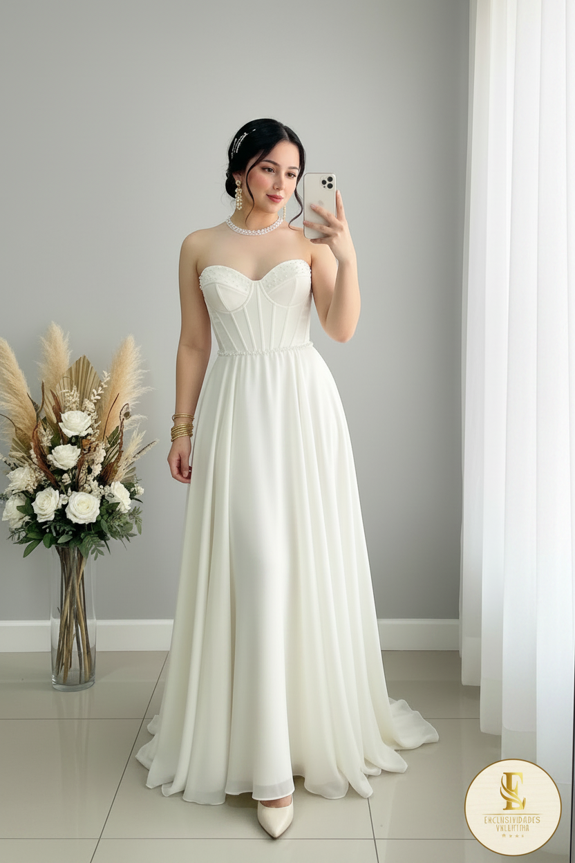 Vestido Blanco Strapless Corset Chiffon Fluido cod.V391
