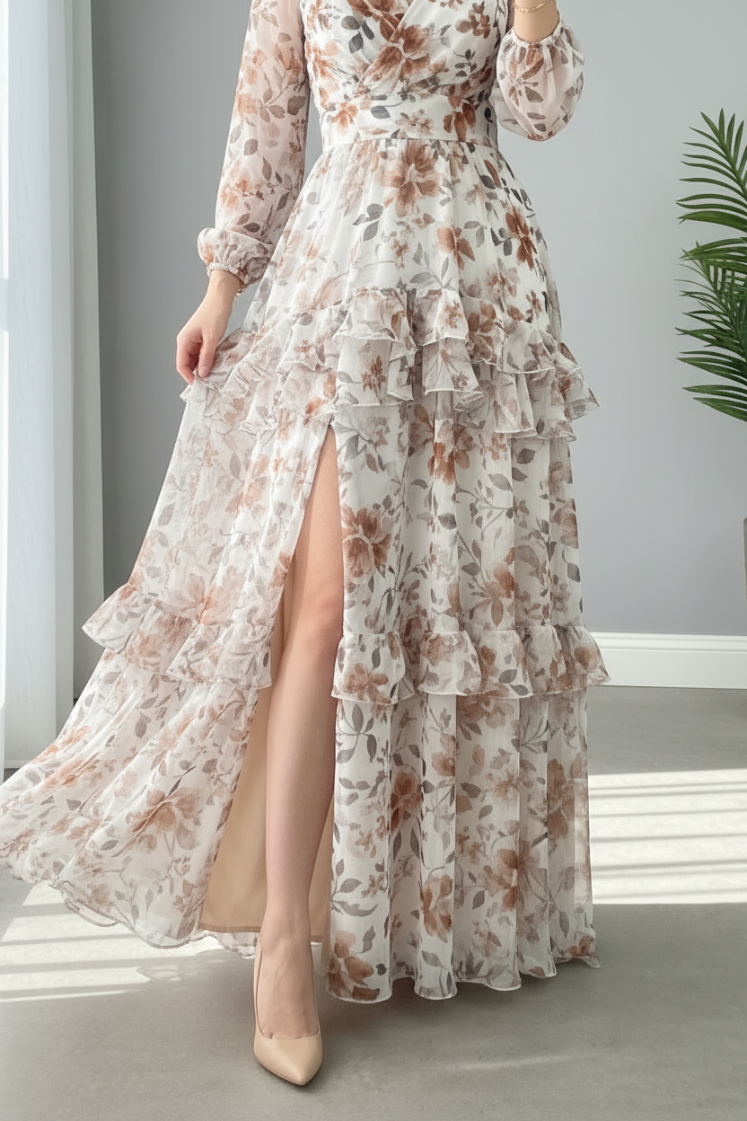Vestido Crema Floral — Escote V, Volantes & Abertura cod.864