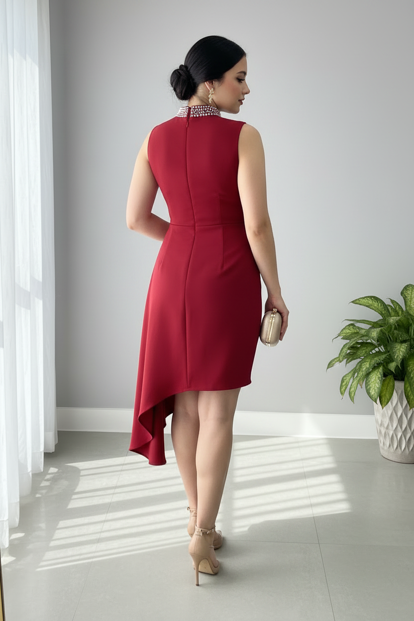 Vestido Rojo Rosa Bordada con Cuello de Perlas cod.945