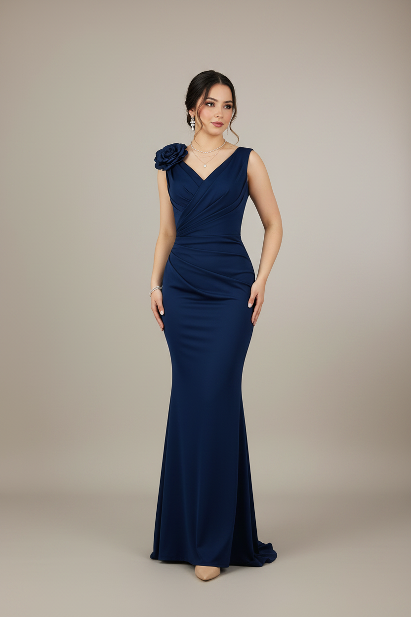 Vestido Sirena Azul Marino — Escote V Cruzado, Rosa 3D en Hombro & Cola cod.892