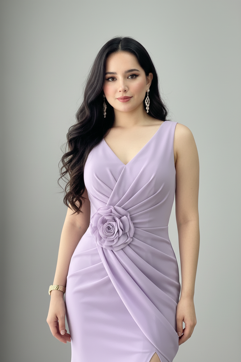 Vestido Lila Lavanda Sirena con Rosa 3D y Abertura cod.963