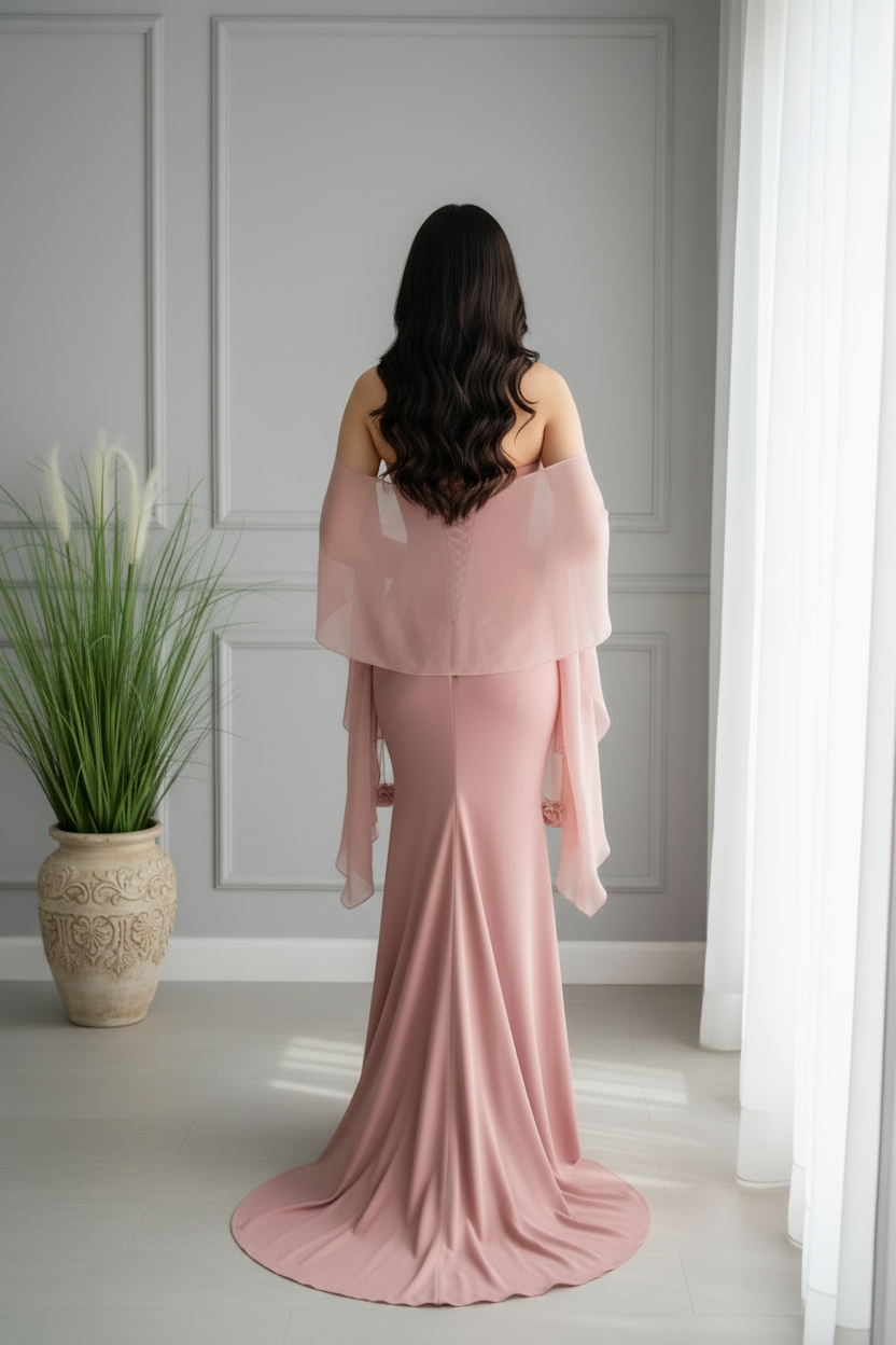 Vestido Rosa Palo Corsé con Chalina Gasa cod.0016