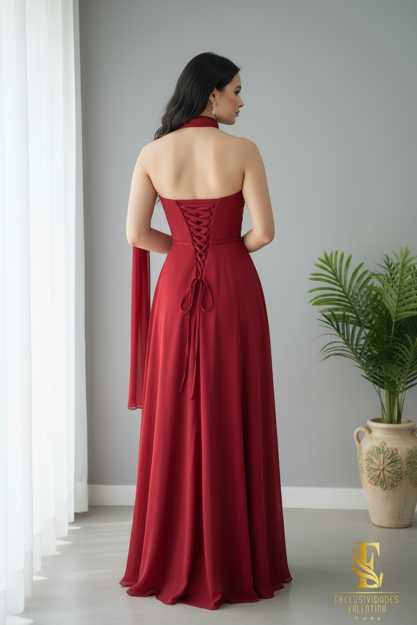 Vestido Rojo Vino Strapless con Choker, Capa Drapeada y Abertura Alta cod.0083