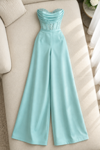 Enterizo verde agua bustier drapeado con perlas y pantalón palazzo cod. E0009