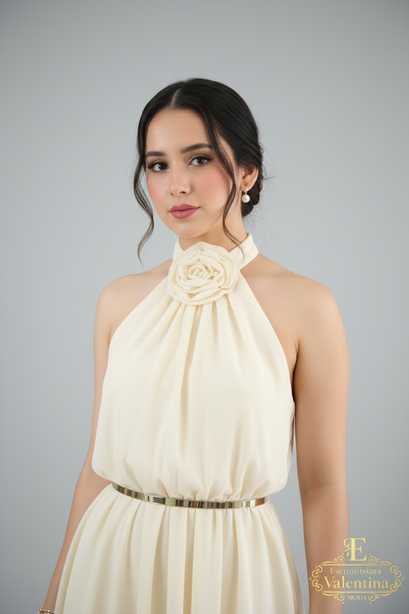 Vestido Crema Halter Rosa 3D Cinturón Dorado Falda A-line Chifón cod.938