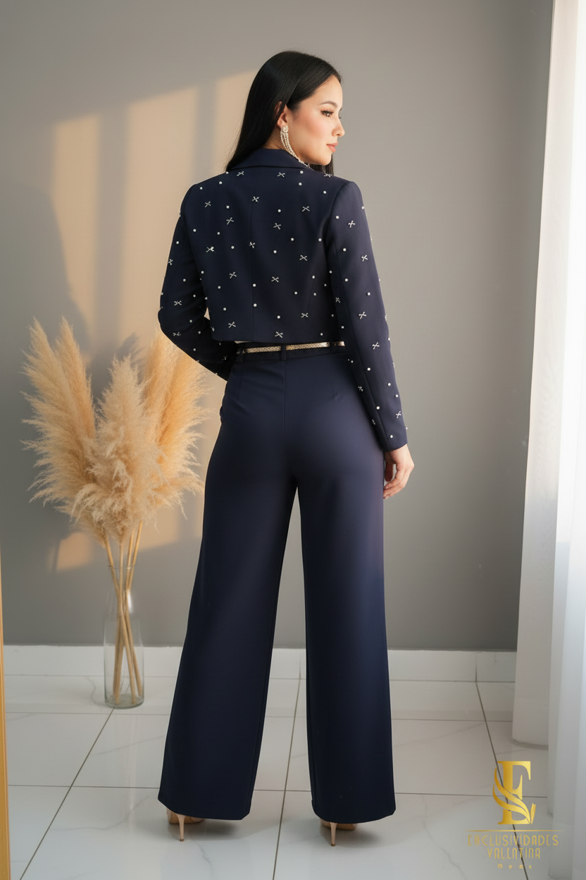 Conjunto Navy Pearl Blazer Cropped & Palazzo cod.C229