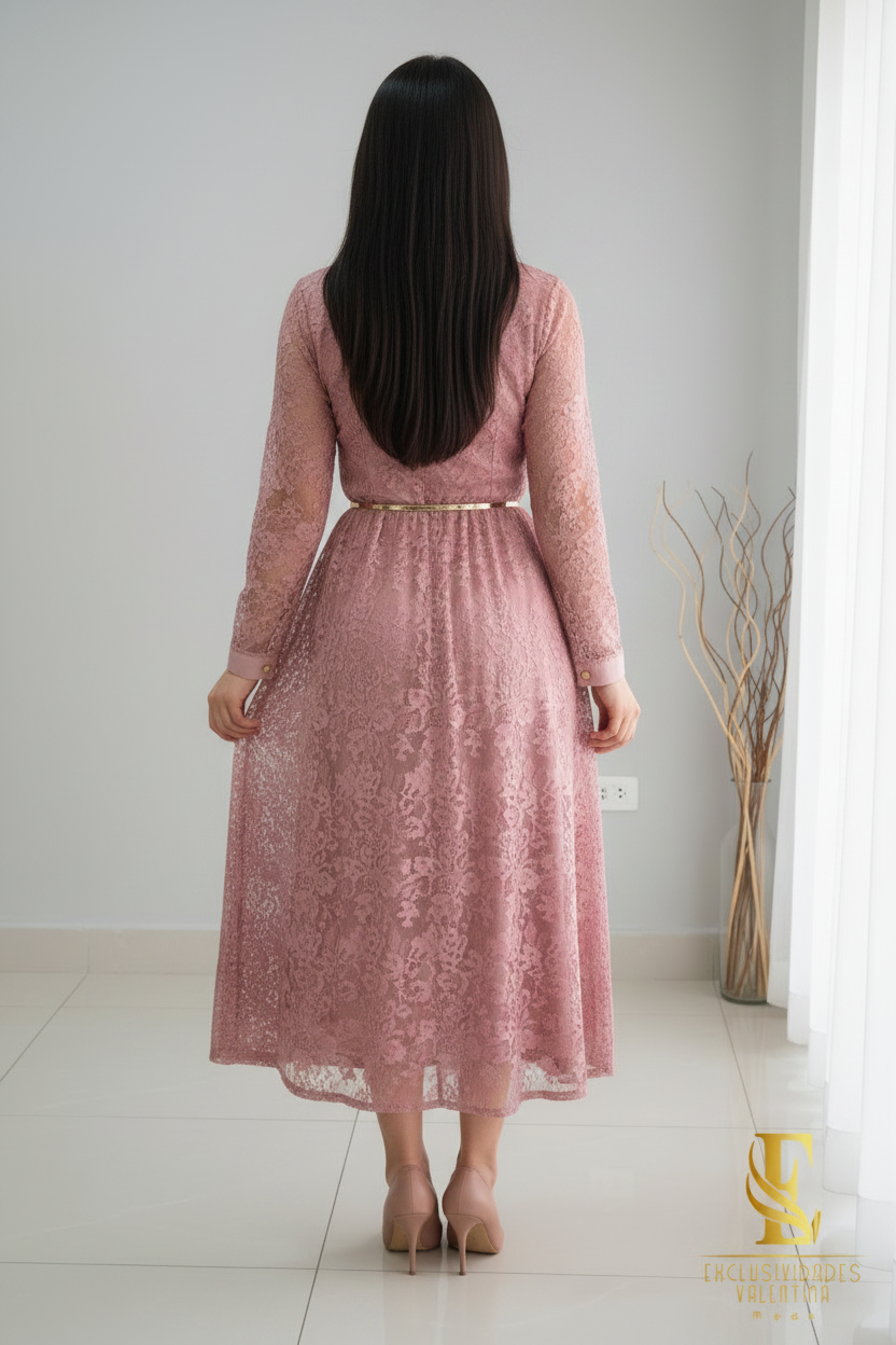 Vestido Rosa Palo Encaje Camisero Midi con Cinturón Dorado cod.V293