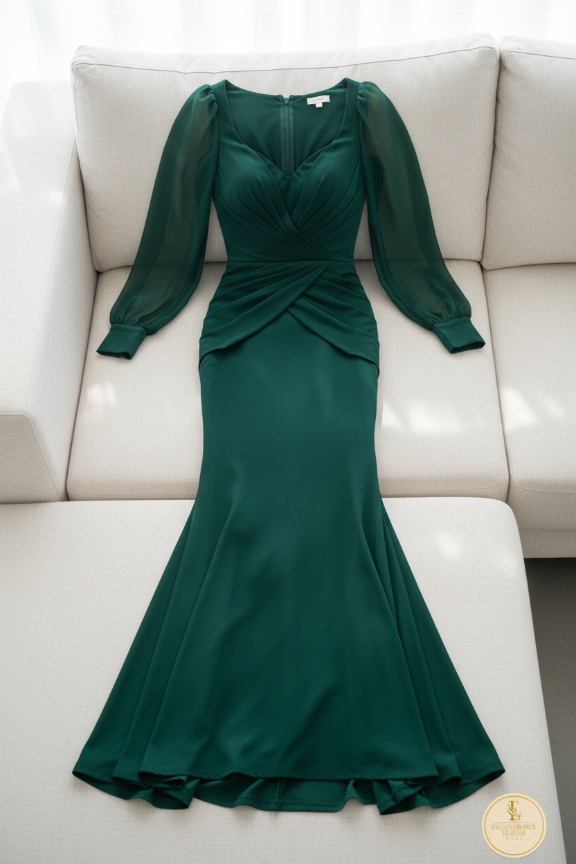 Vestido Verde Esmeralda Mangas Chifón Sirena con Drapeado cod.727