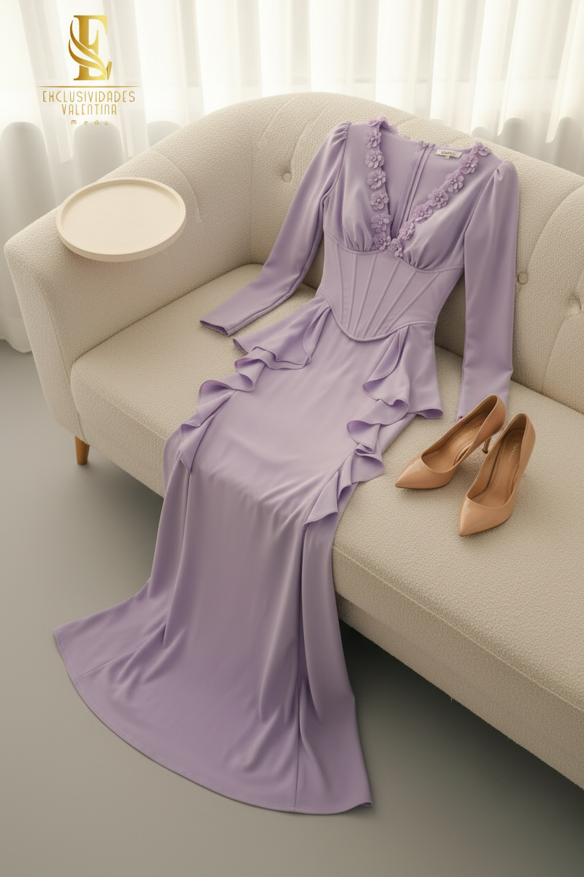 Vestido Lavanda Corset Escote V Flores D cod.00168