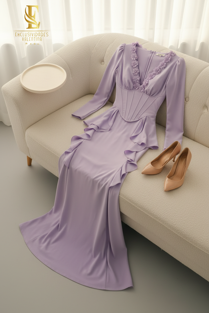 Vestido Lavanda Corset Escote V Flores D cod.00168