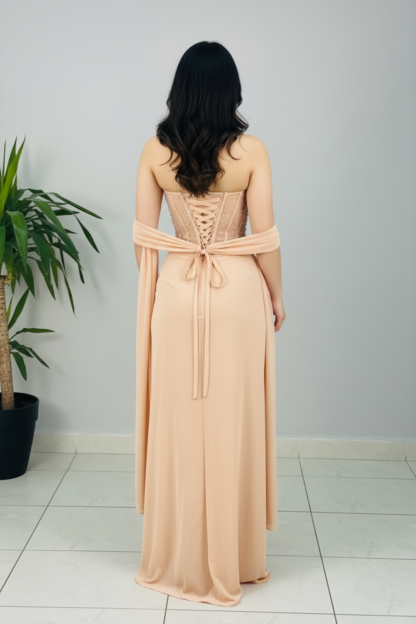 Vestido Formal Champagne Strapless Corset Transparente con Perlas y Capa Drapeada cod.530
