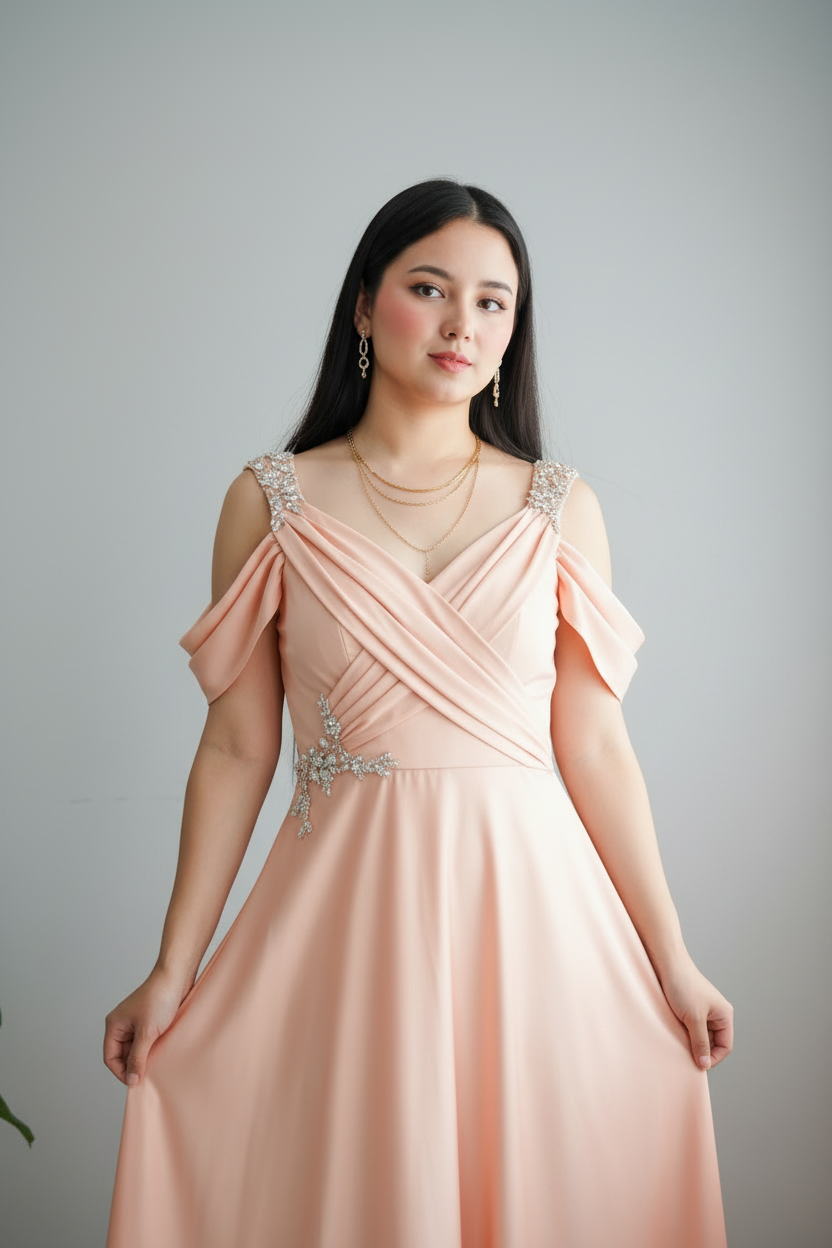 Vestido Peach Cold Shoulder   con Bordado de Cristales cod.702