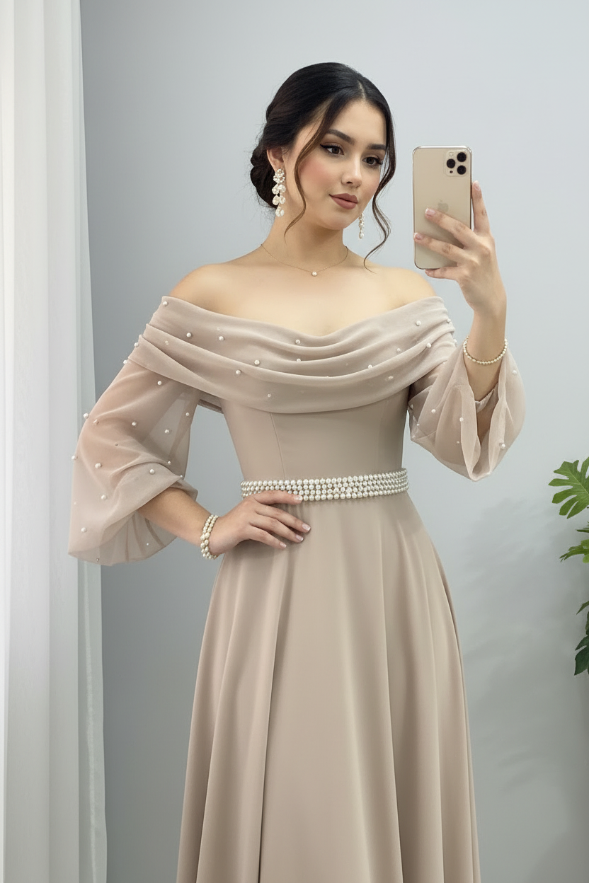Vestido Champagne Beige Dorado Off-Shoulder Tul Perlas Cinturon Perlas A-Line cod.837