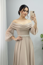 Vestido Champagne Beige Dorado Off-Shoulder Tul Perlas Cinturon Perlas A-Line cod.837
