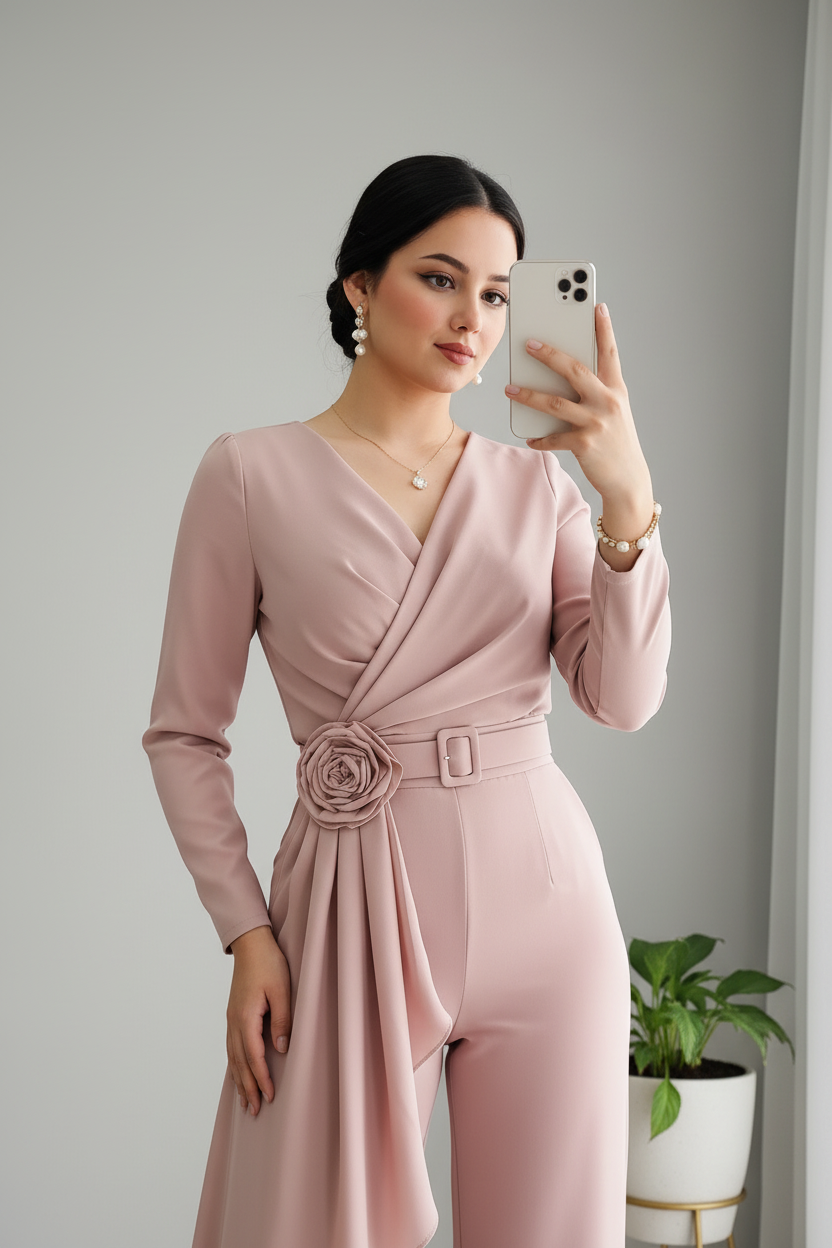 Jumpsuit Rosa Palo — Escote V, Rosa 3D & Caída Asimétrica cod.875