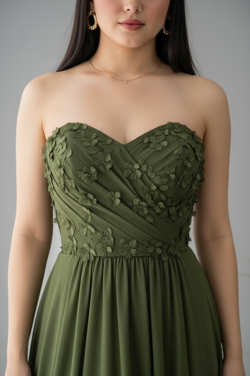 Vestido Verde Olivo Bordado Floral con Abertura cod.V642