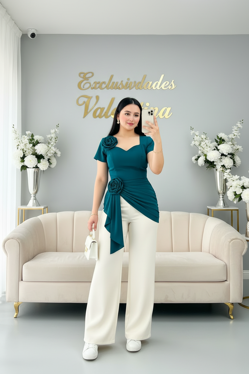 Conjunto  Teal Rosas 3D + Palazzo Blanco | C-029