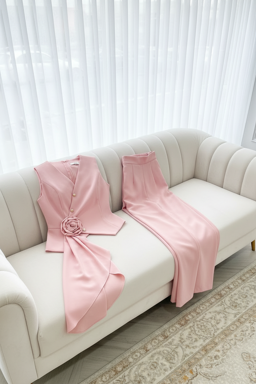 Conjunto Rosa Blusa Asimétrica Rosa 3D + Pantalón Palazzo cod.C578