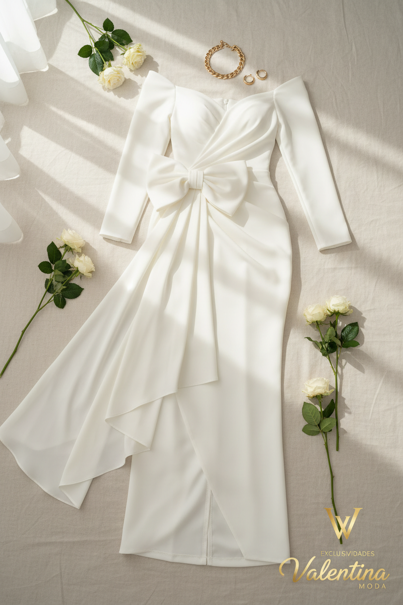 Vestido Blanco Off-Shoulder Manga Larga con Lazo Frontal y Corte Columna — Novia y Gala cod.0073