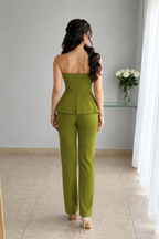 Conjunto Verde Oliva Strapless Flor 3D + Pantalón Recto cod.CJ005