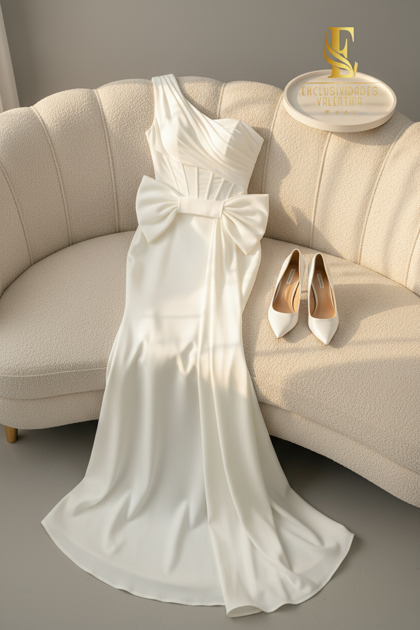 Vestido Blanco Satinado Un Hombro Lazo Frontal Sirena cod.00180