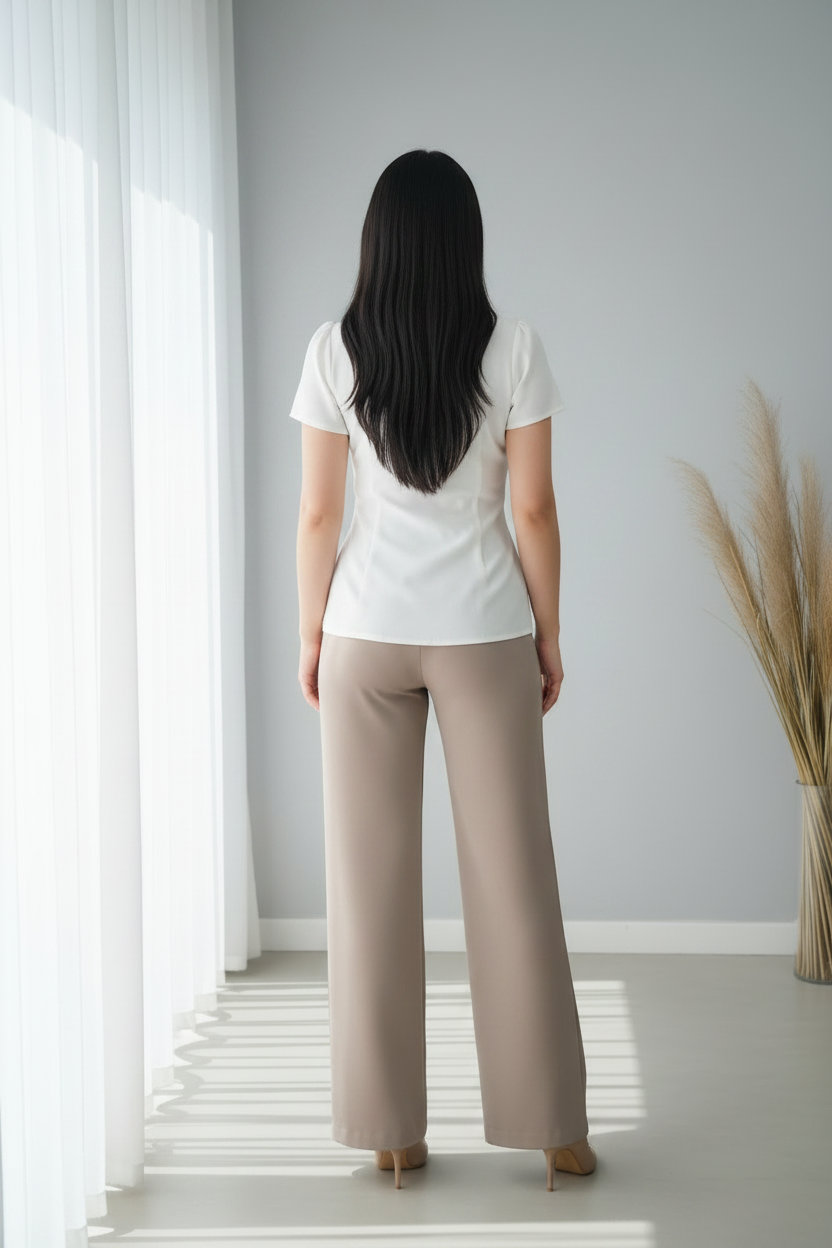 Conjunto Blanco Asimétrica Perlas + Palazzo Beige Tiro Alto cod.C594