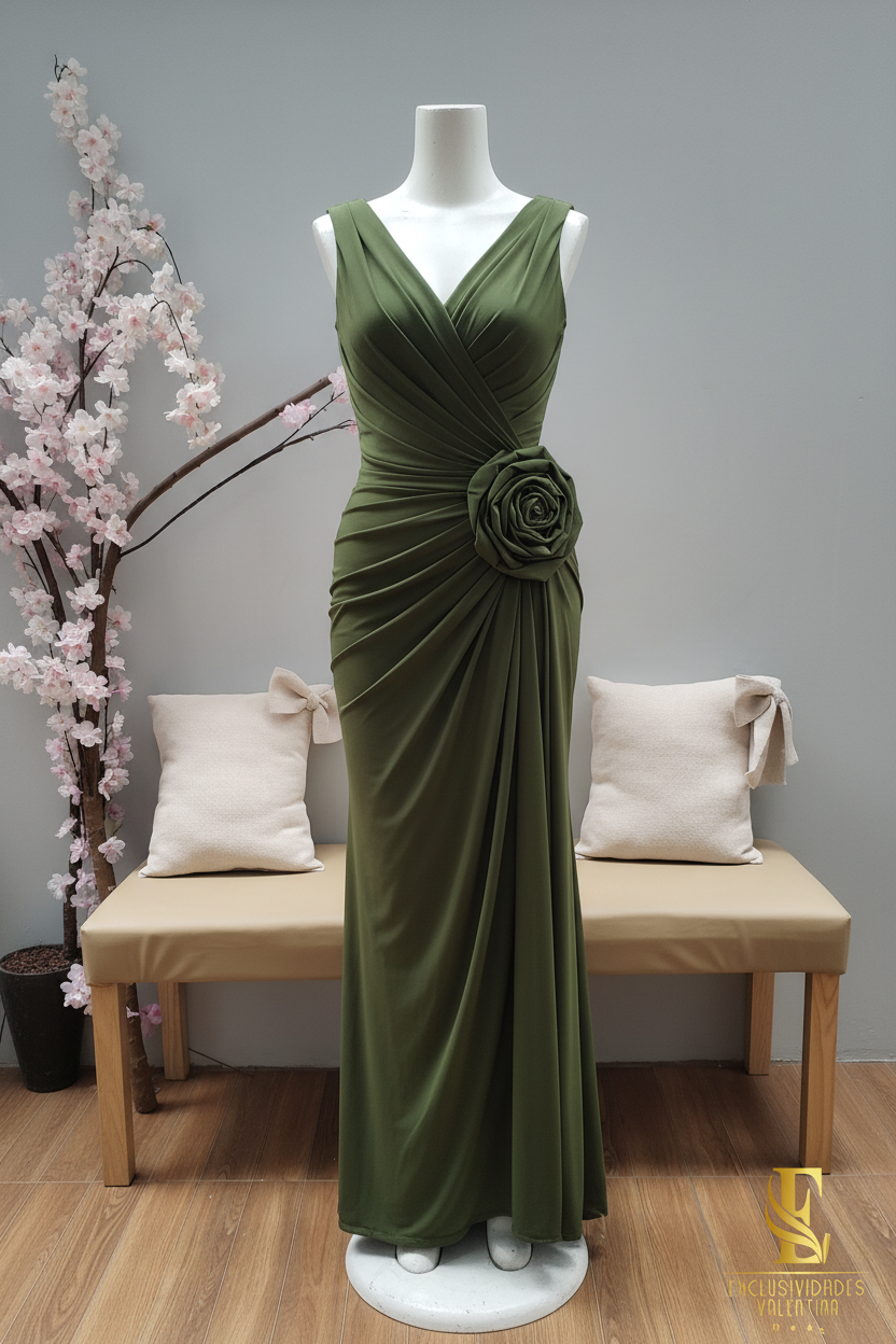 Vestido Verde Oliva Largo Sin Mangas Escote V Rosa 3D Cadera Drapeado cod.V305