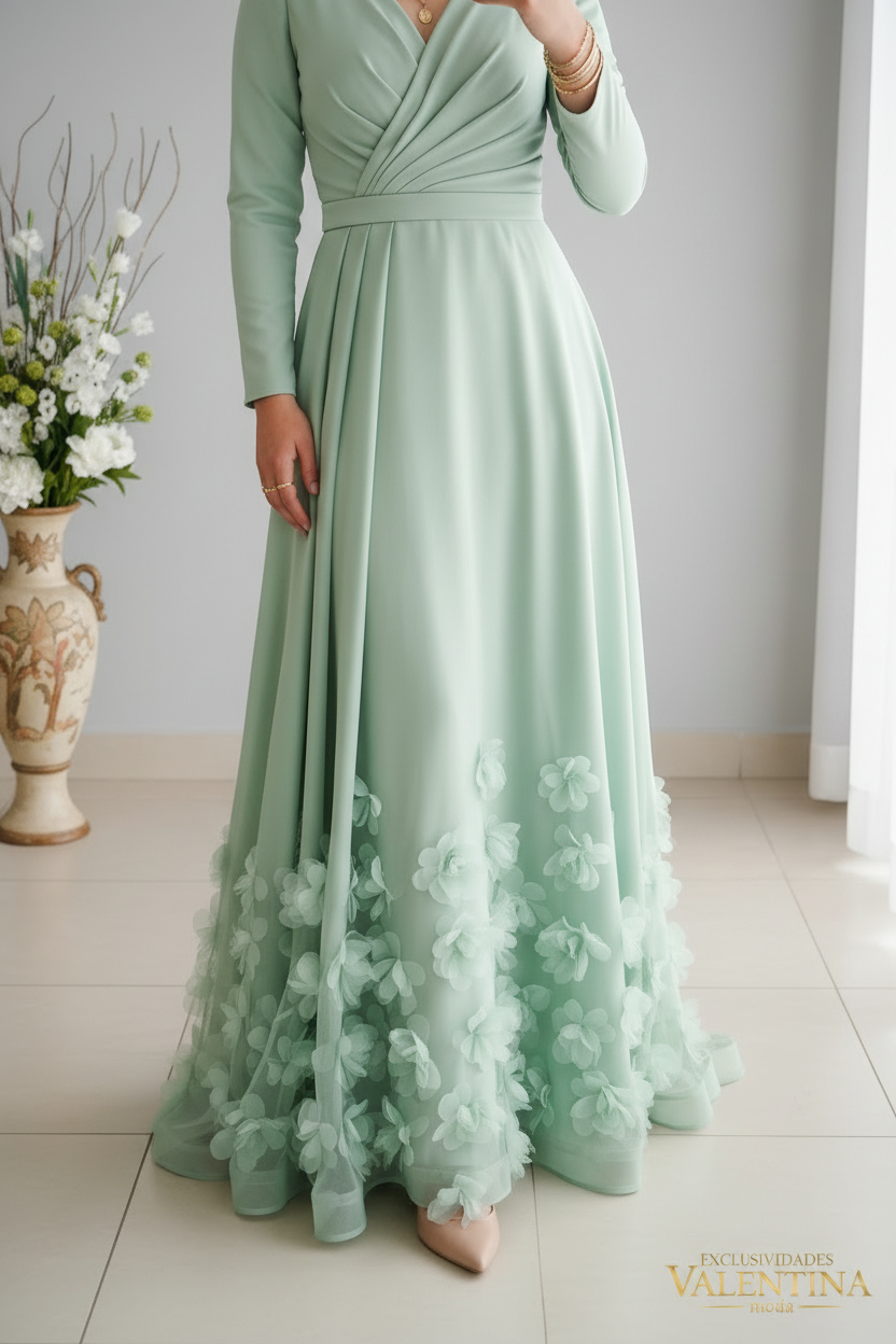 Vestido Verde Menta Manga Larga Escote V con Flores 3D en Ruedo cod.V538