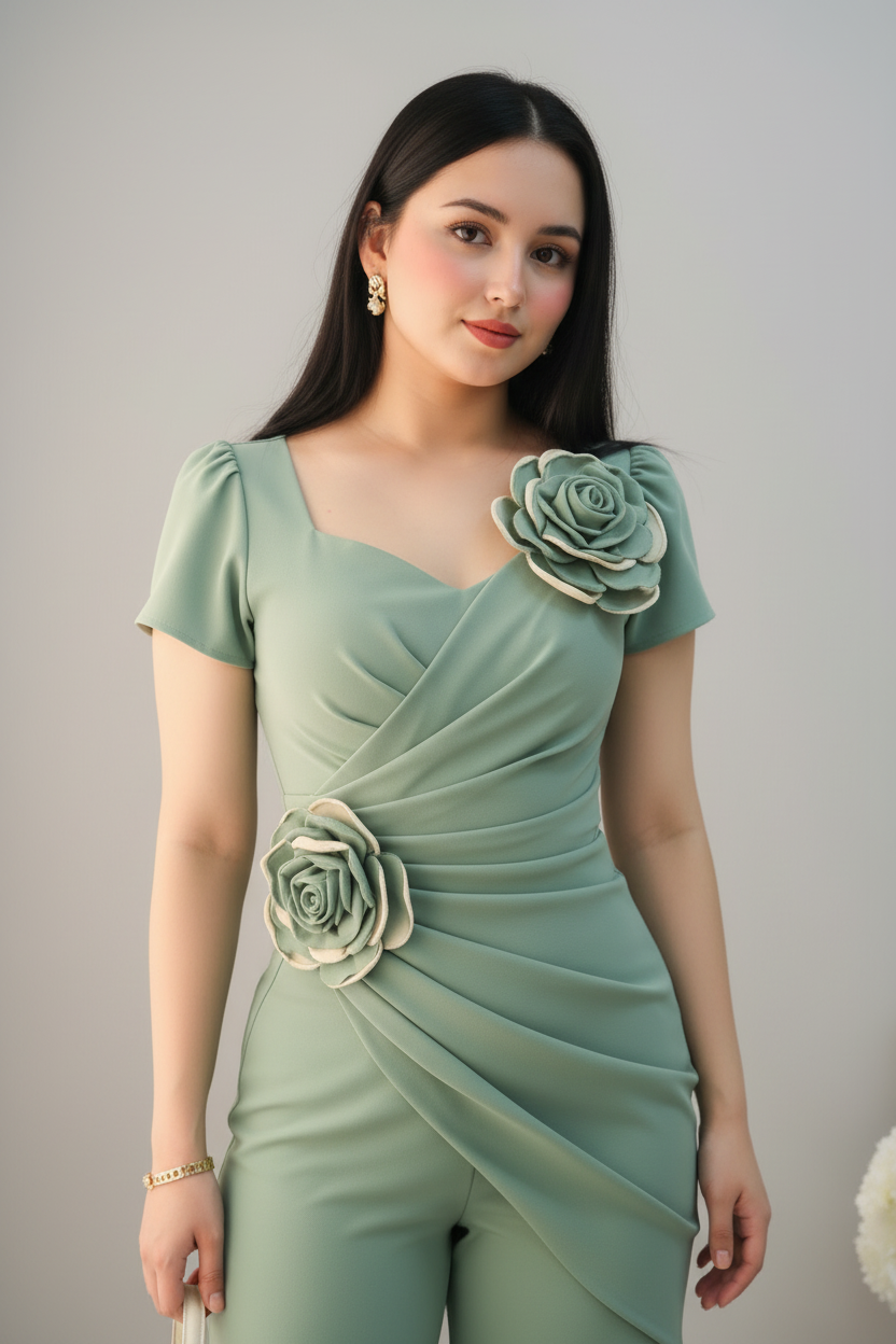 Enterizo Verde Salvia Manga Corta Dos Rosas 3D Drapeado Palazzo cod.E0066